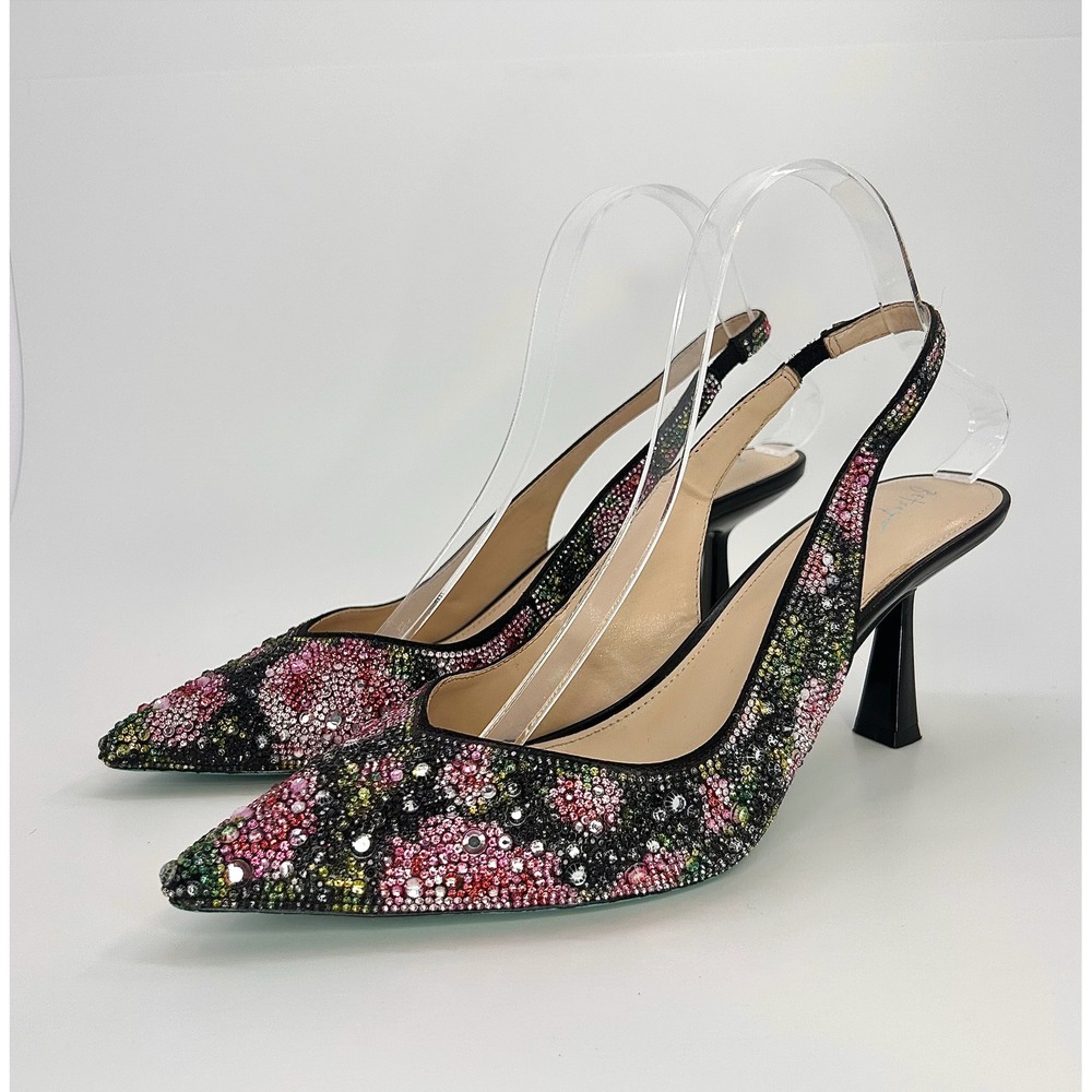 Betsey Johnson Clark Rhinestone Floral Slingback Pumps Black Pink Heels 10 NWOT - Picture 2 of 12
